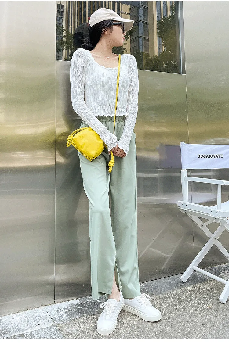 Ice Silk Splitted Wide Leg Pants Women Summer High Waist Slim Look Floor Length Casual Straight Non-iron Drape Suits Long Pants