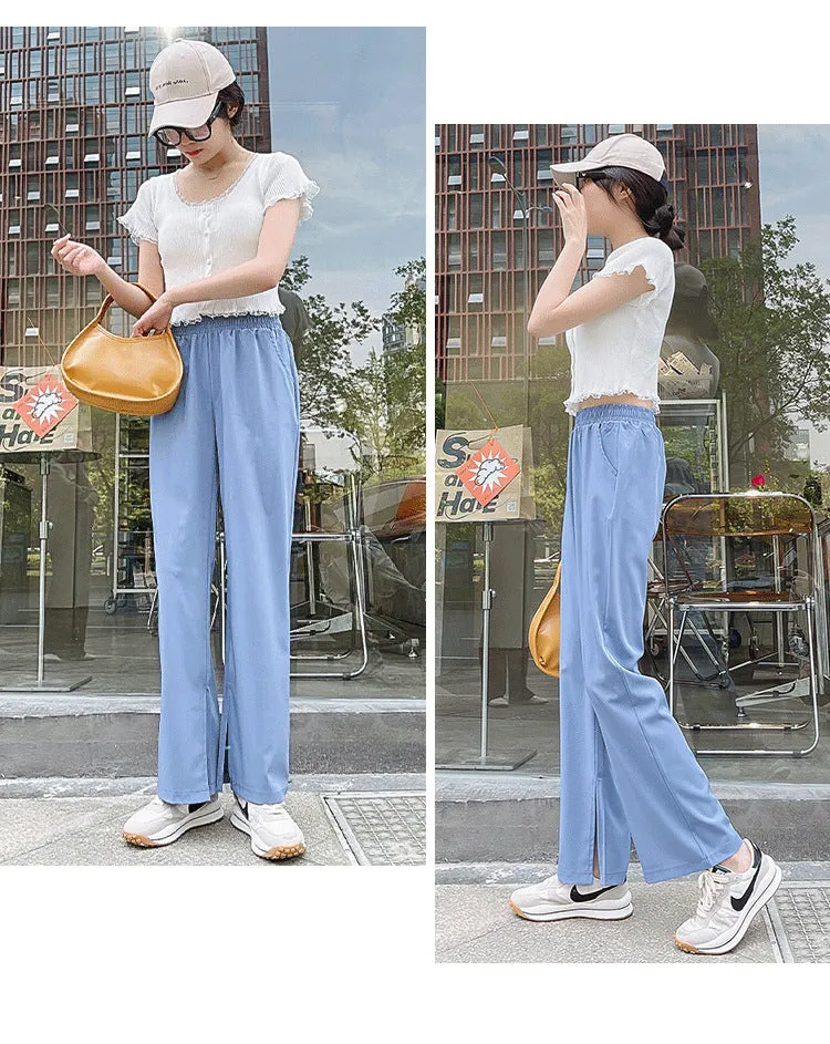 Ice Silk Splitted Wide Leg Pants Women Summer High Waist Slim Look Floor Length Casual Straight Non-iron Drape Suits Long Pants