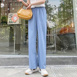 Ice Silk Splitted Wide Leg Pants Women Summer High Waist Slim Look Floor Length Casual Straight Non-iron Drape Suits Long Pants