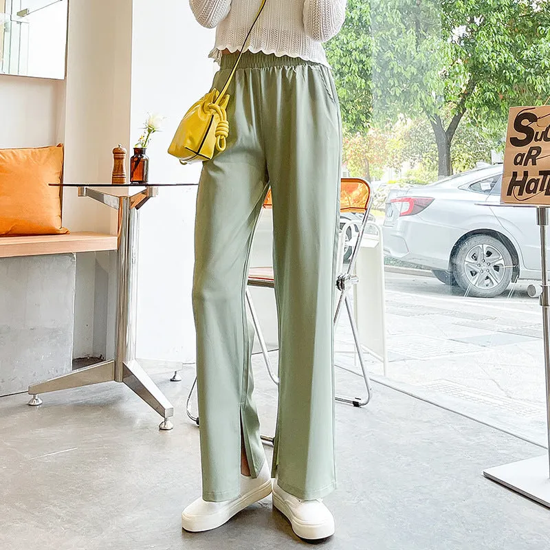 Ice Silk Splitted Wide Leg Pants Women Summer High Waist Slim Look Floor Length Casual Straight Non-iron Drape Suits Long Pants
