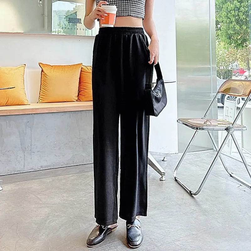 Ice Silk Splitted Wide Leg Pants Women Summer High Waist Slim Look Floor Length Casual Straight Non-iron Drape Suits Long Pants