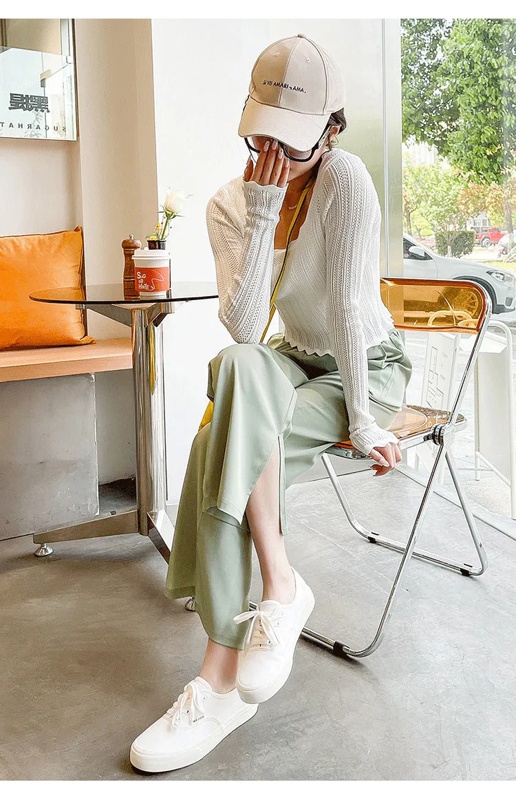 Ice Silk Splitted Wide Leg Pants Women Summer High Waist Slim Look Floor Length Casual Straight Non-iron Drape Suits Long Pants