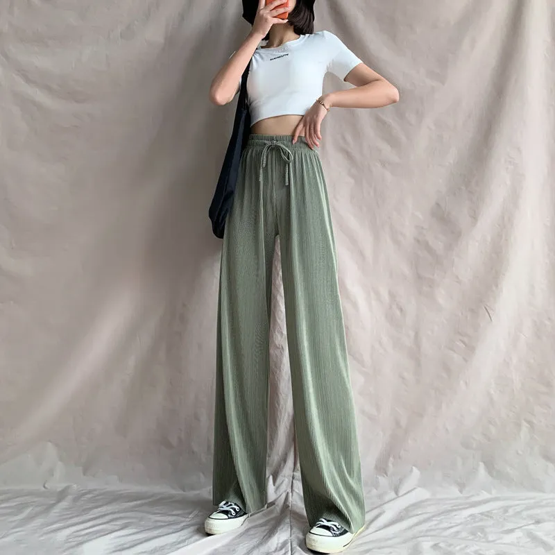 Ice Silk Wide Leg Pants Women Summer High Waist Drape Loose Floor Length Petite Casual Pleated Thin Pants