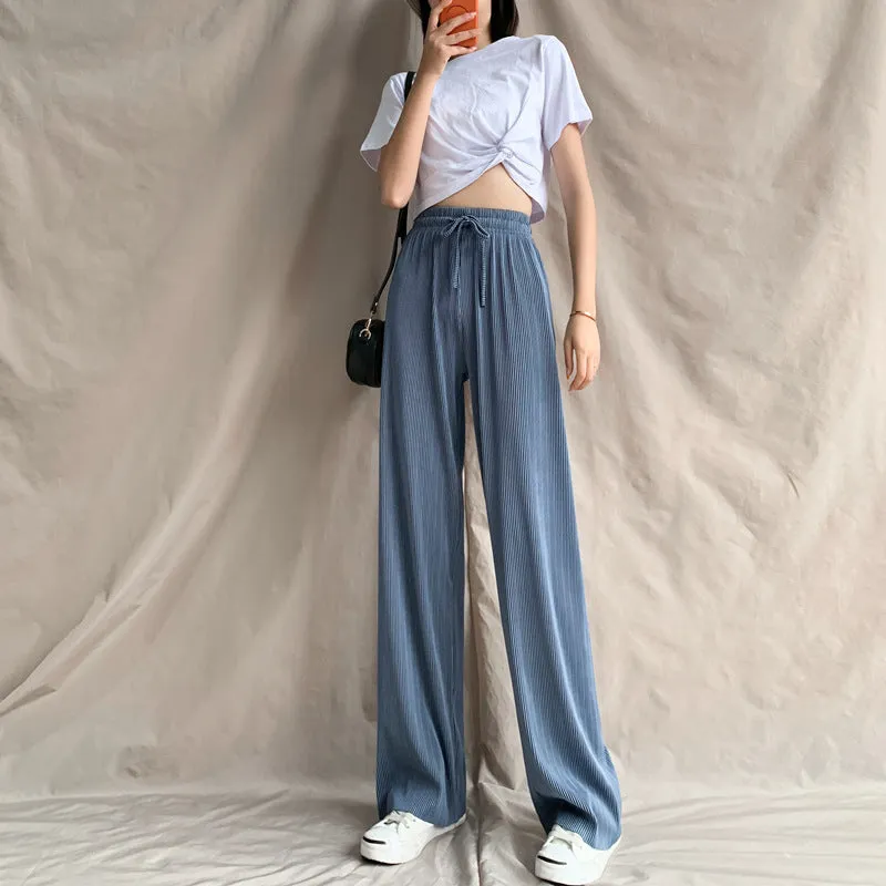 Ice Silk Wide Leg Pants Women Summer High Waist Drape Loose Floor Length Petite Casual Pleated Thin Pants