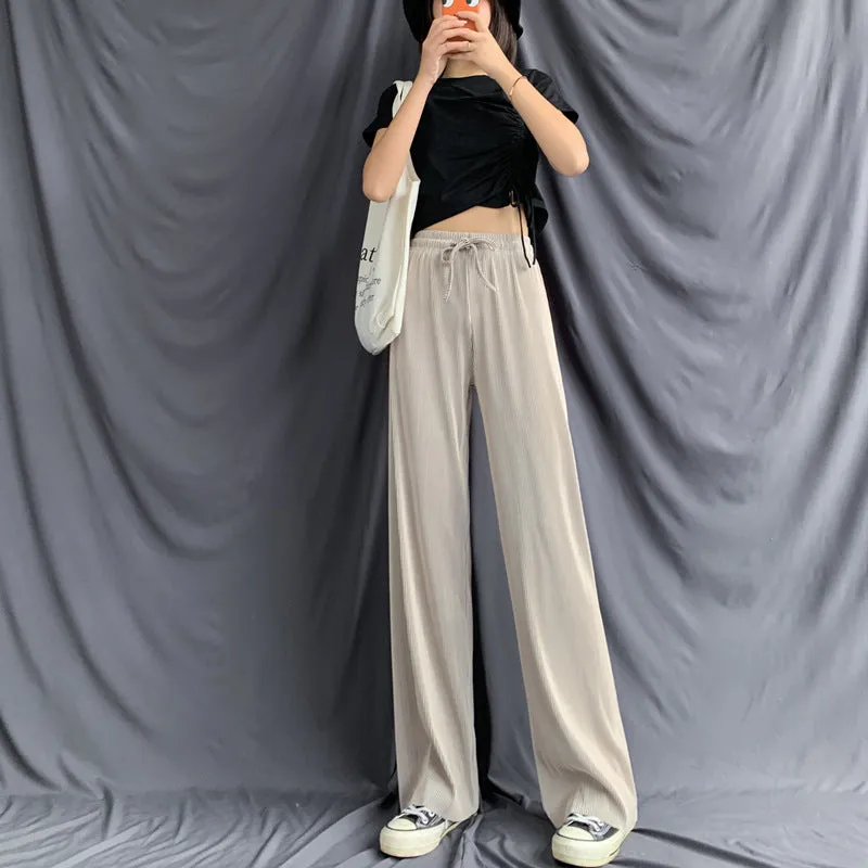 Ice Silk Wide Leg Pants Women Summer High Waist Drape Loose Floor Length Petite Casual Pleated Thin Pants