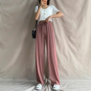 Ice Silk Wide Leg Pants Women Summer High Waist Drape Loose Floor Length Petite Casual Pleated Thin Pants