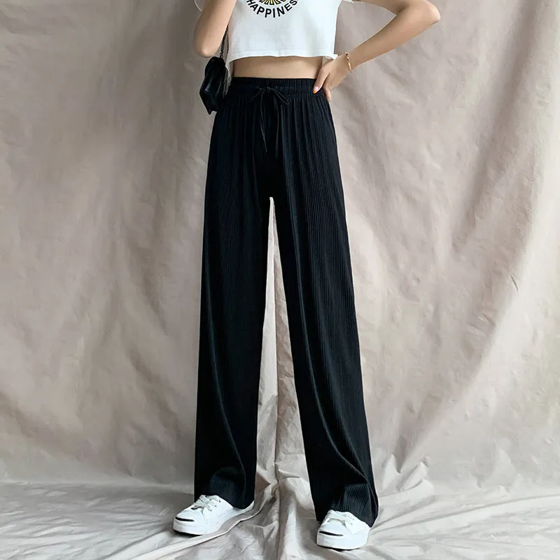 Ice Silk Wide Leg Pants Women Summer High Waist Drape Loose Floor Length Petite Casual Pleated Thin Pants