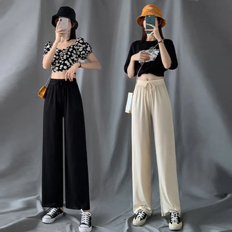Ice Silk Wide Leg Pants Women Summer Thin High Waist Loose Drape Floor Length Slim Look Straight Casual Pants