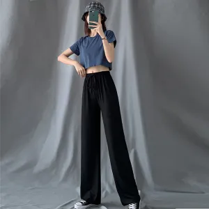 Ice Silk Wide Leg Pants Women Summer Thin High Waist Loose Drape Floor Length Slim Look Straight Casual Pants