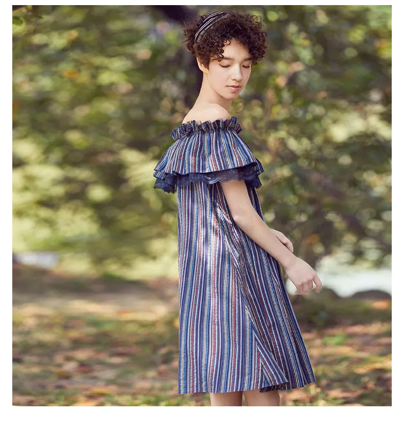JAM PRINCESS BARDOT DRESS WITH RUFFLE TRIM DETAIL IN STRIPE