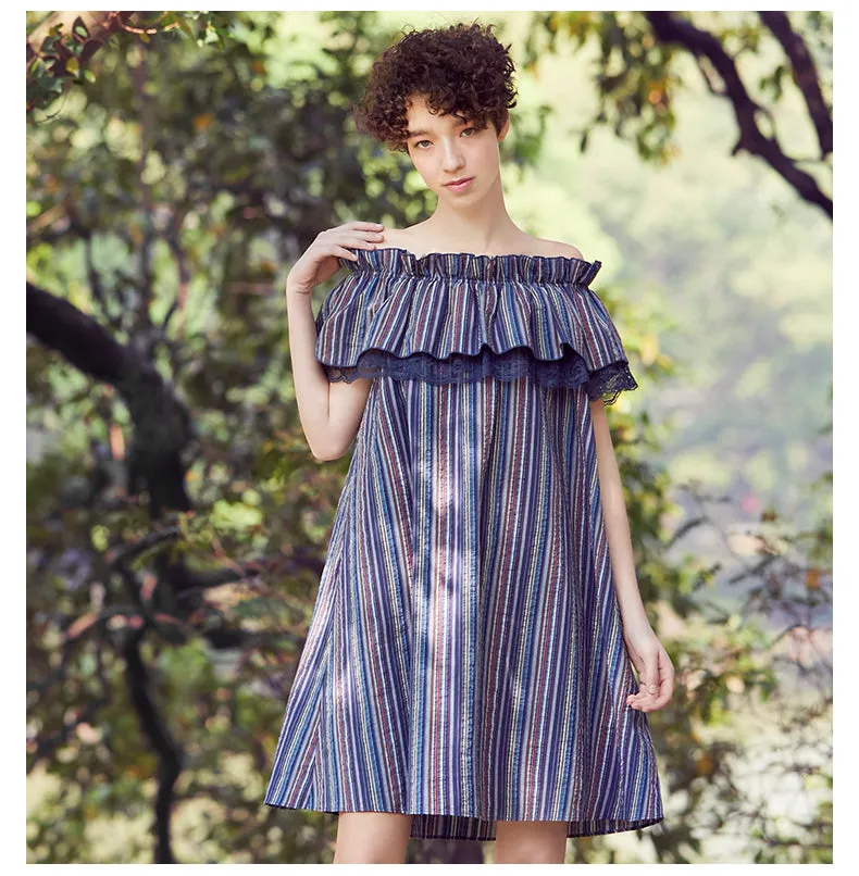 JAM PRINCESS BARDOT DRESS WITH RUFFLE TRIM DETAIL IN STRIPE