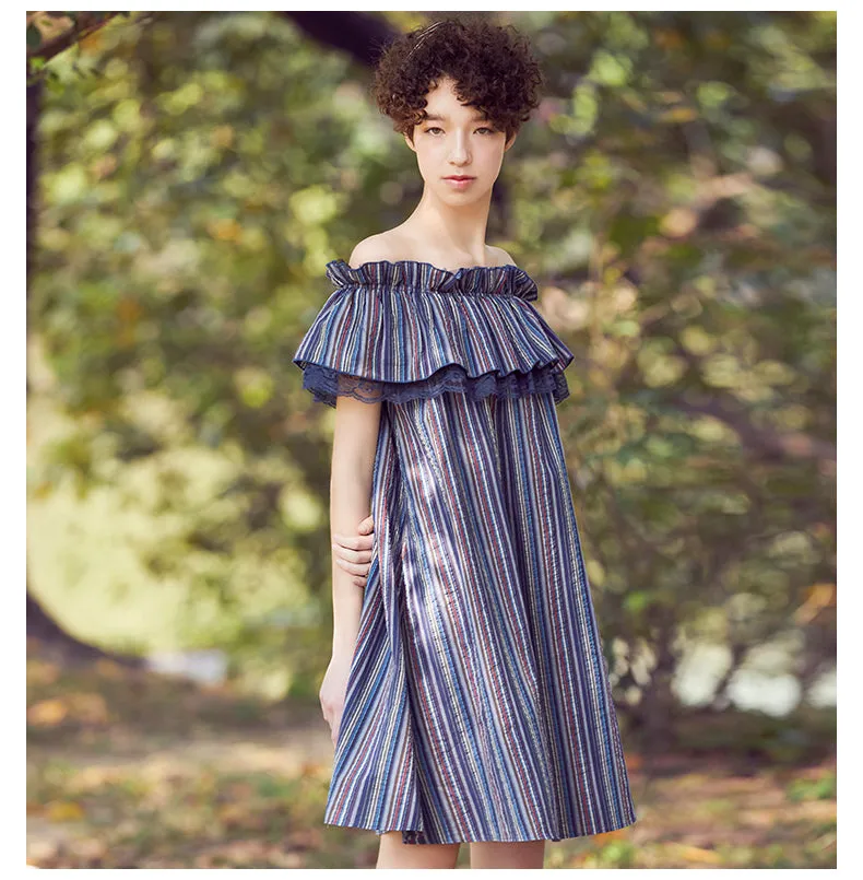 JAM PRINCESS BARDOT DRESS WITH RUFFLE TRIM DETAIL IN STRIPE