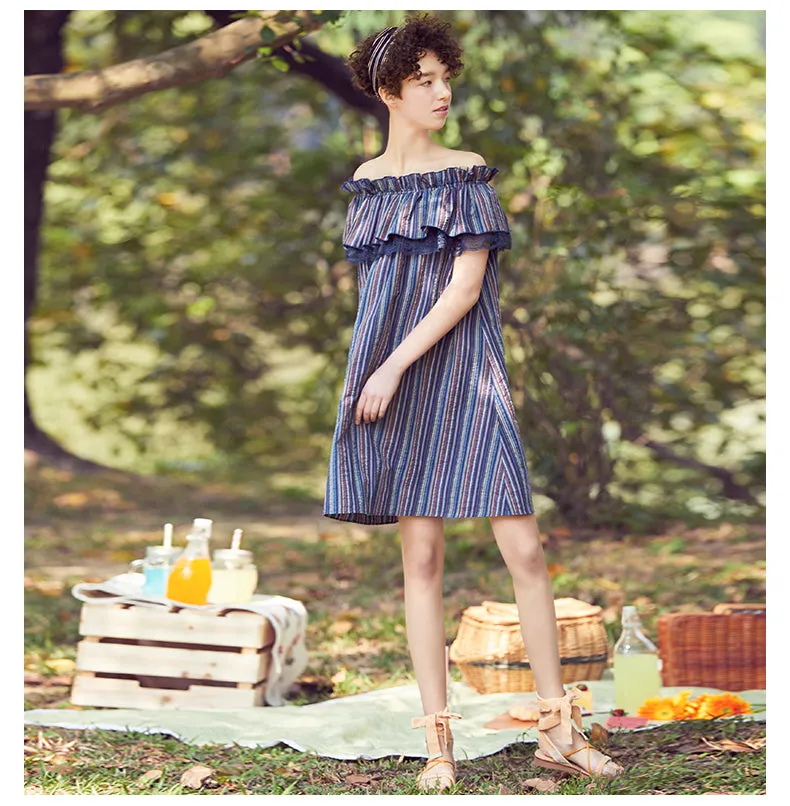 JAM PRINCESS BARDOT DRESS WITH RUFFLE TRIM DETAIL IN STRIPE