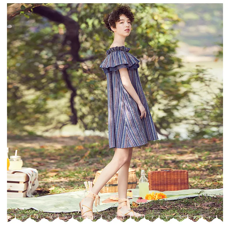 JAM PRINCESS BARDOT DRESS WITH RUFFLE TRIM DETAIL IN STRIPE