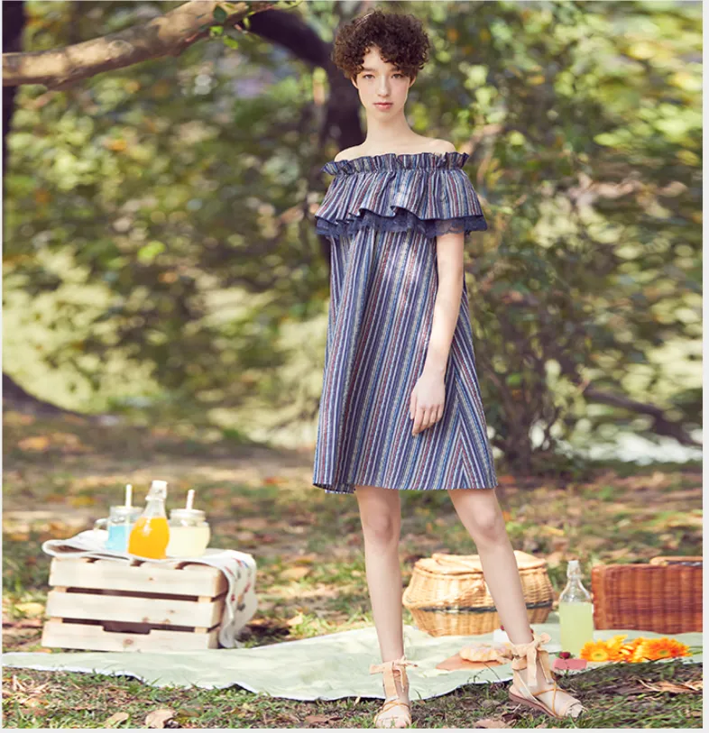 JAM PRINCESS BARDOT DRESS WITH RUFFLE TRIM DETAIL IN STRIPE