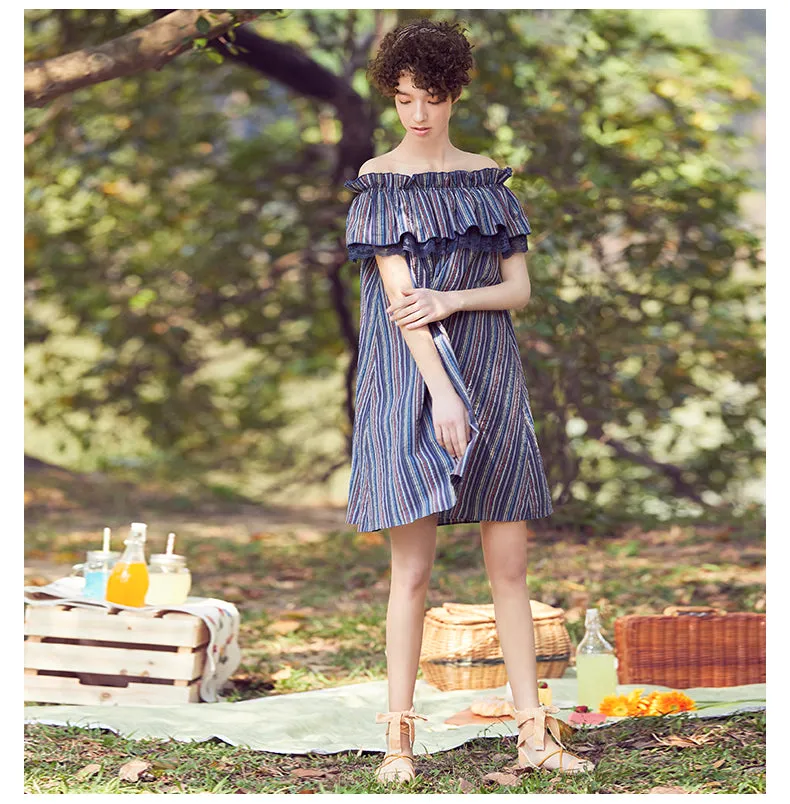 JAM PRINCESS BARDOT DRESS WITH RUFFLE TRIM DETAIL IN STRIPE