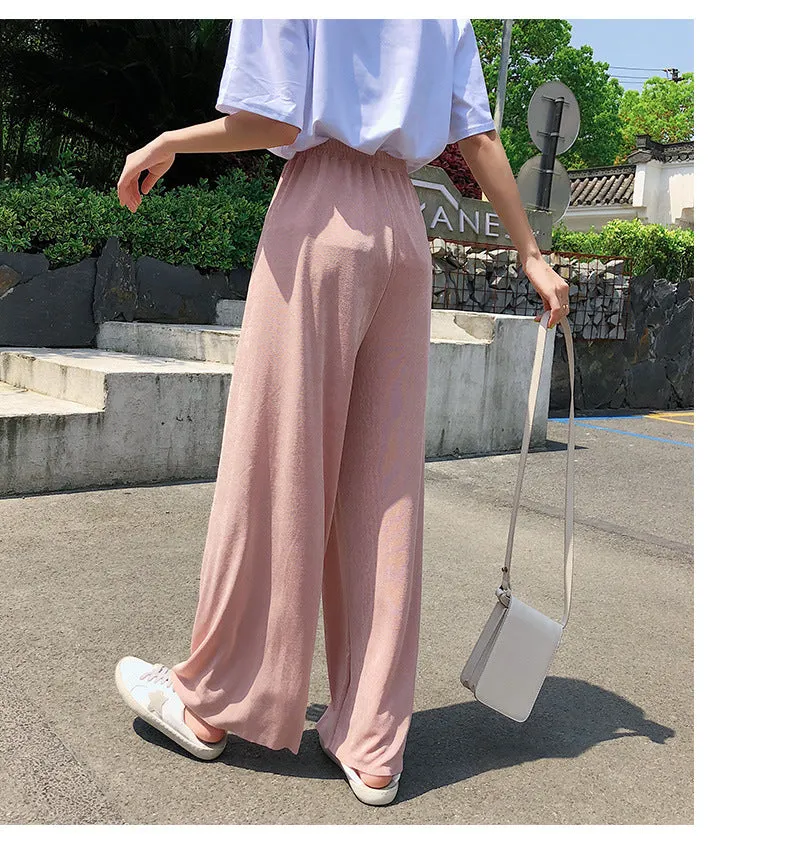 Korean Thin Wide Leg Pants Women Summer High Waist Drape Ice Silk Floor Length Cool Girlfriends Loose Slim Look Casual Pants
