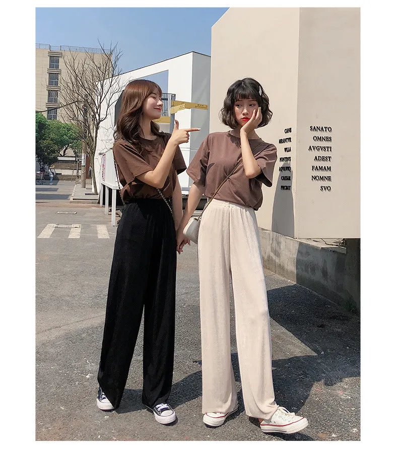 Korean Thin Wide Leg Pants Women Summer High Waist Drape Ice Silk Floor Length Cool Girlfriends Loose Slim Look Casual Pants