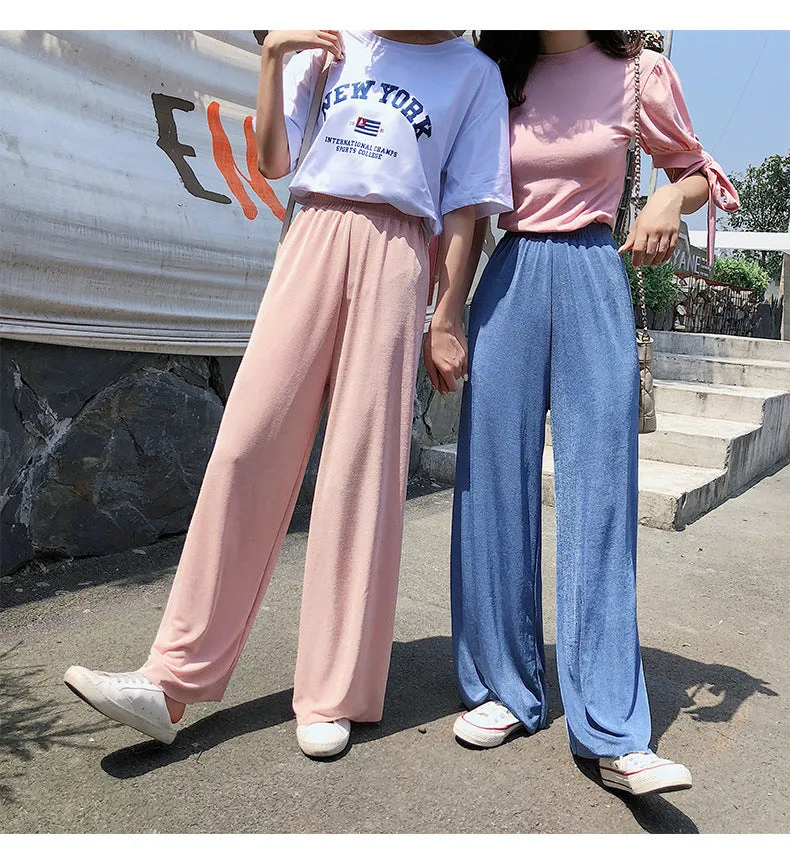 Korean Thin Wide Leg Pants Women Summer High Waist Drape Ice Silk Floor Length Cool Girlfriends Loose Slim Look Casual Pants