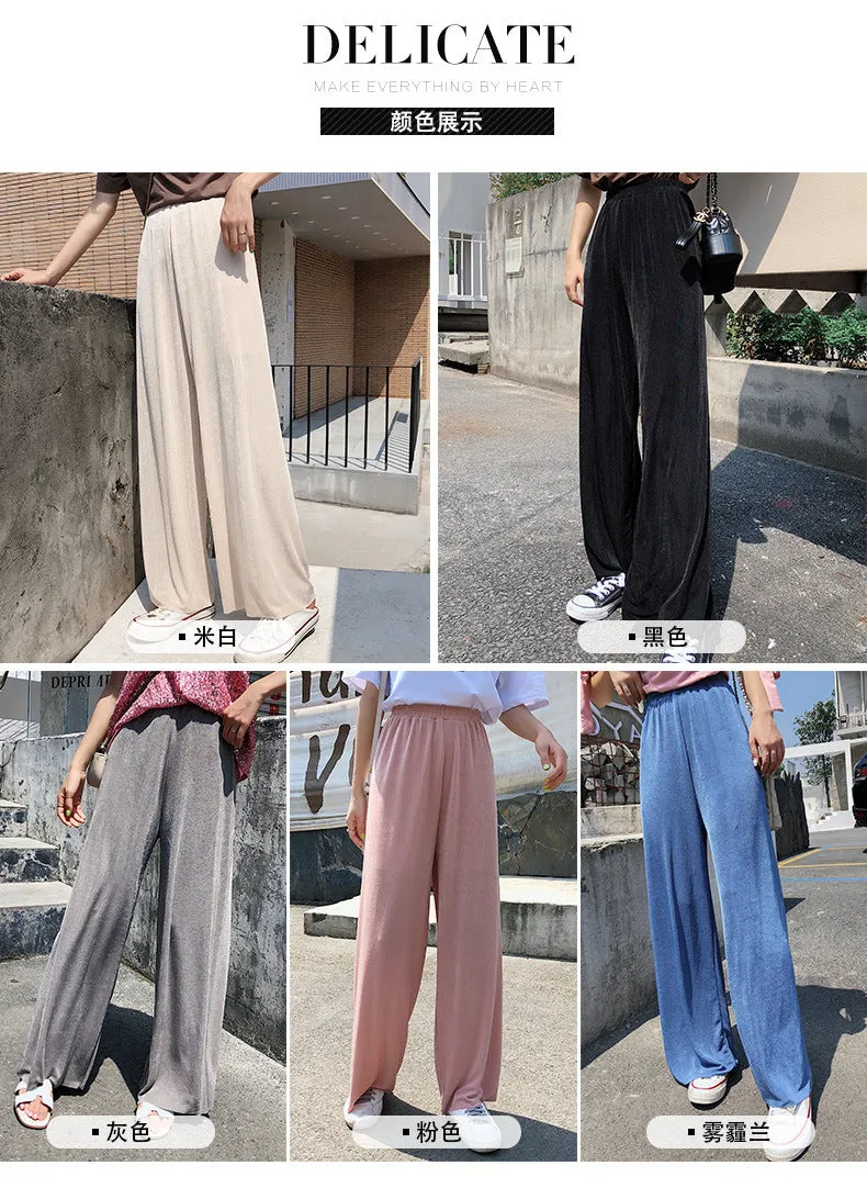 Korean Thin Wide Leg Pants Women Summer High Waist Drape Ice Silk Floor Length Cool Girlfriends Loose Slim Look Casual Pants