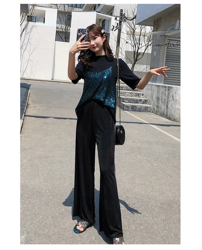 Korean Thin Wide Leg Pants Women Summer High Waist Drape Ice Silk Floor Length Cool Girlfriends Loose Slim Look Casual Pants
