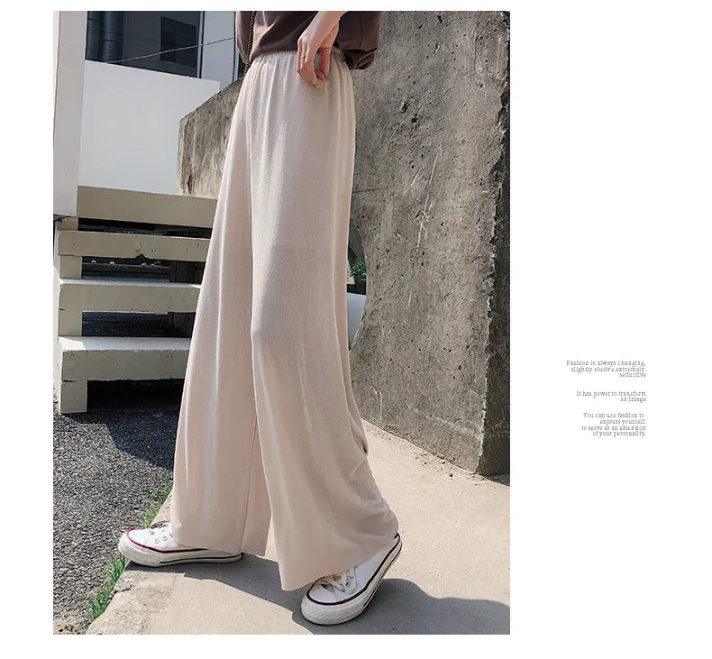 Korean Thin Wide Leg Pants Women Summer High Waist Drape Ice Silk Floor Length Cool Girlfriends Loose Slim Look Casual Pants