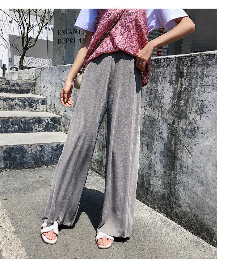 Korean Thin Wide Leg Pants Women Summer High Waist Drape Ice Silk Floor Length Cool Girlfriends Loose Slim Look Casual Pants