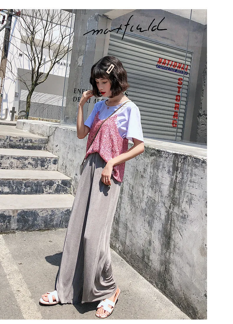 Korean Thin Wide Leg Pants Women Summer High Waist Drape Ice Silk Floor Length Cool Girlfriends Loose Slim Look Casual Pants