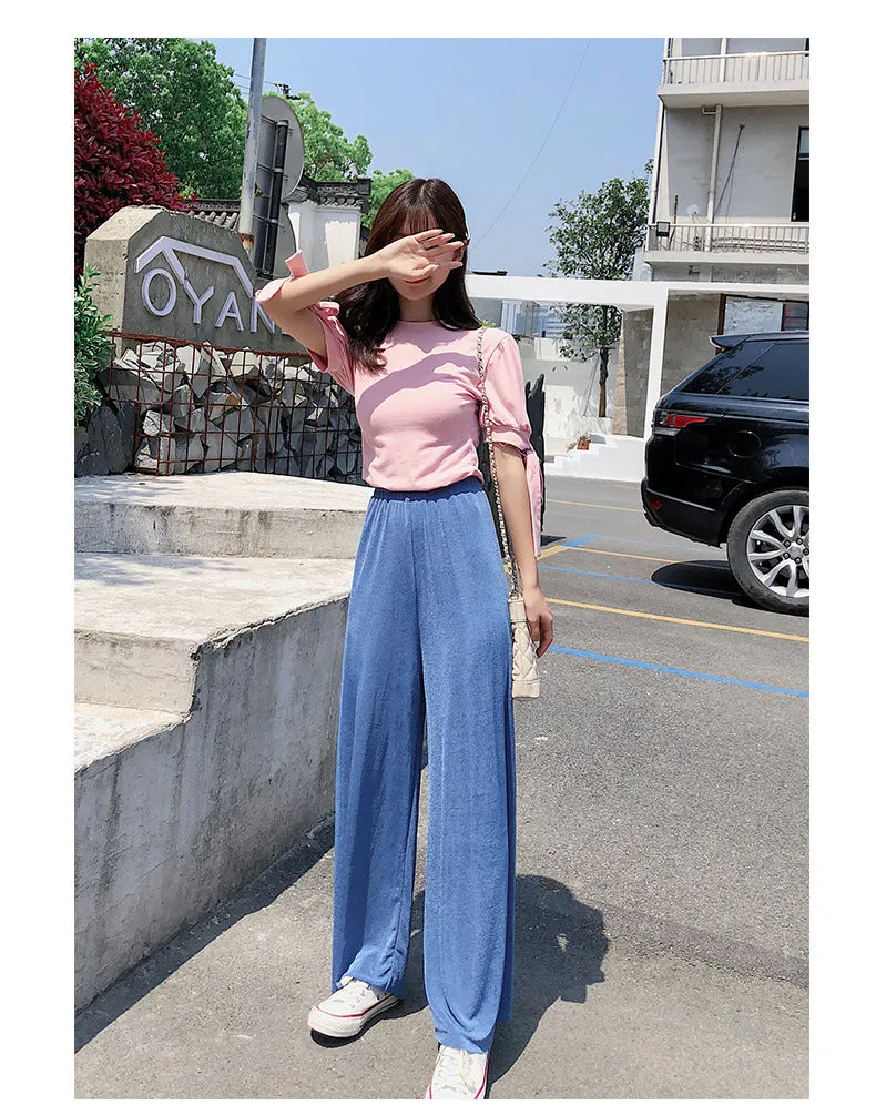 Korean Thin Wide Leg Pants Women Summer High Waist Drape Ice Silk Floor Length Cool Girlfriends Loose Slim Look Casual Pants