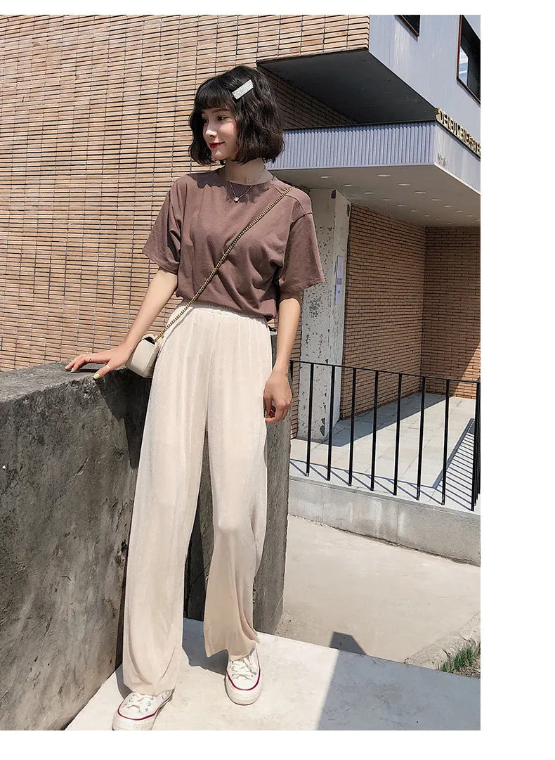 Korean Thin Wide Leg Pants Women Summer High Waist Drape Ice Silk Floor Length Cool Girlfriends Loose Slim Look Casual Pants