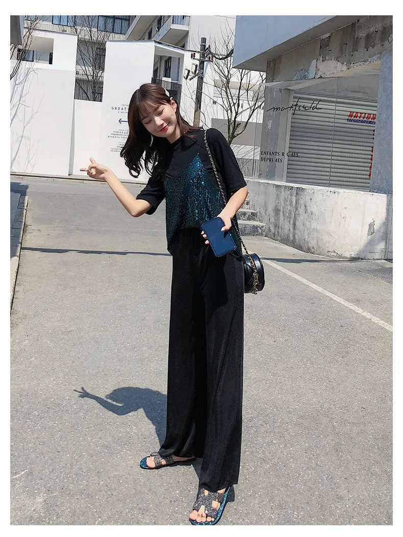 Korean Thin Wide Leg Pants Women Summer High Waist Drape Ice Silk Floor Length Cool Girlfriends Loose Slim Look Casual Pants
