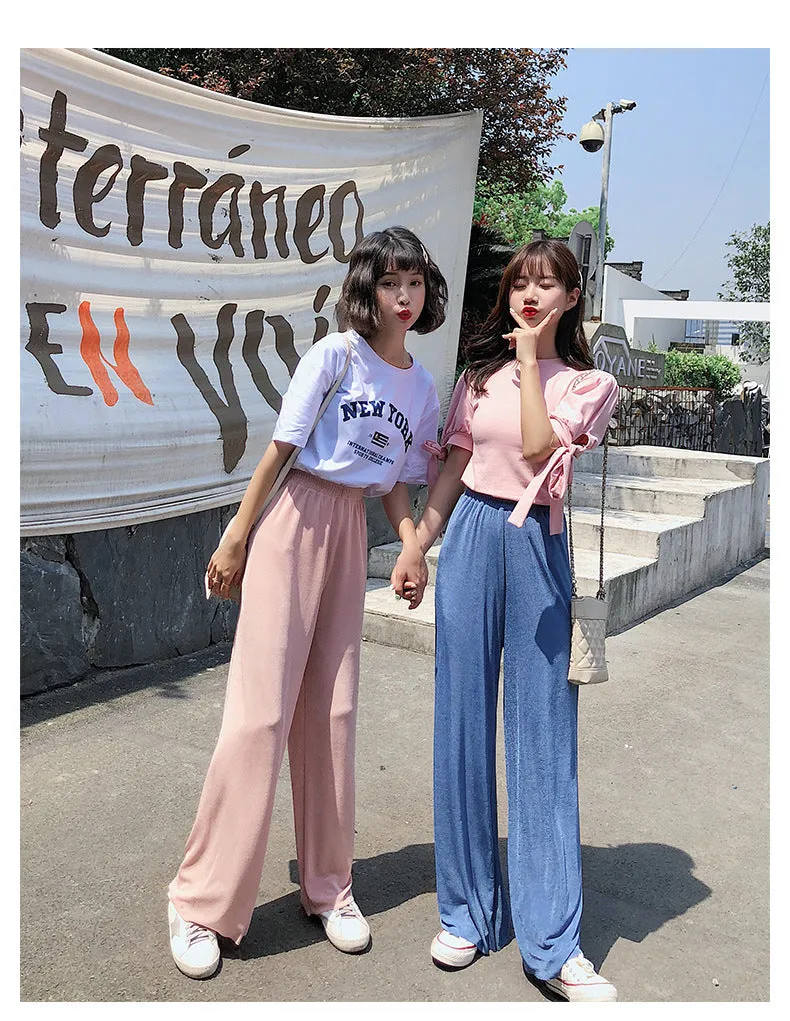 Korean Thin Wide Leg Pants Women Summer High Waist Drape Ice Silk Floor Length Cool Girlfriends Loose Slim Look Casual Pants