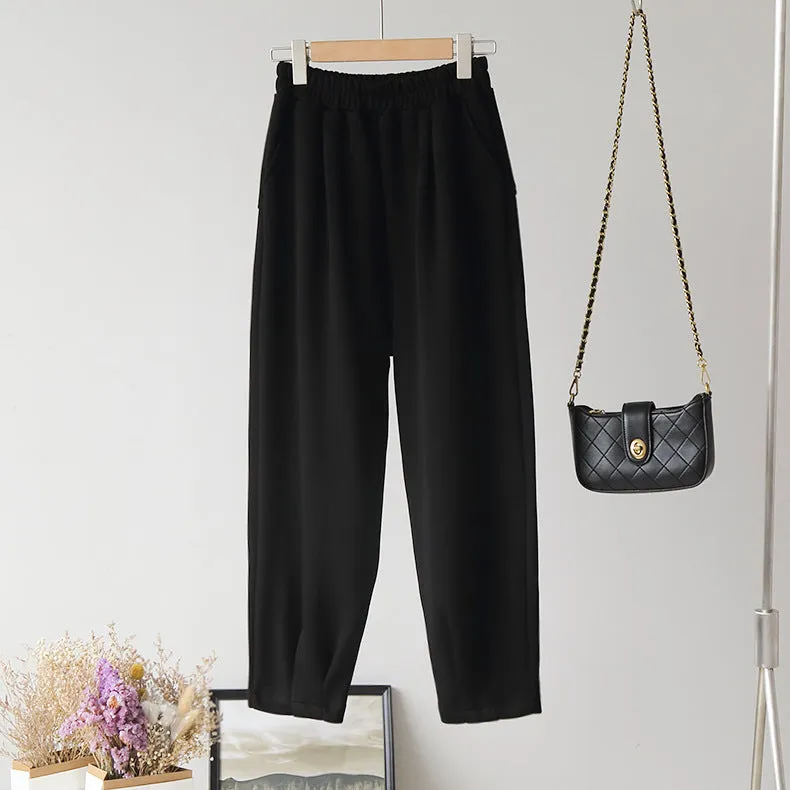 Korean Women Elastic High Waist Solid Colored Wide Leg Pants Casual Long Pants