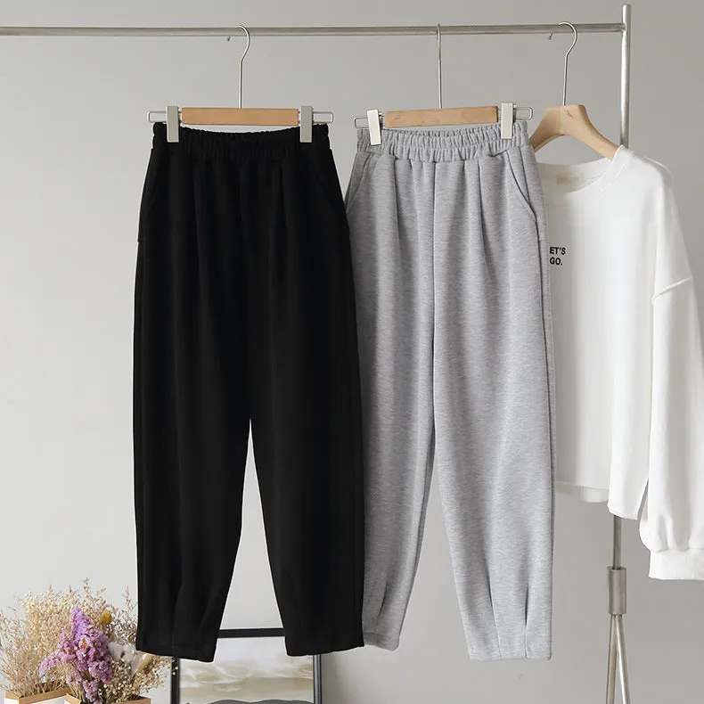 Korean Women Elastic High Waist Solid Colored Wide Leg Pants Casual Long Pants