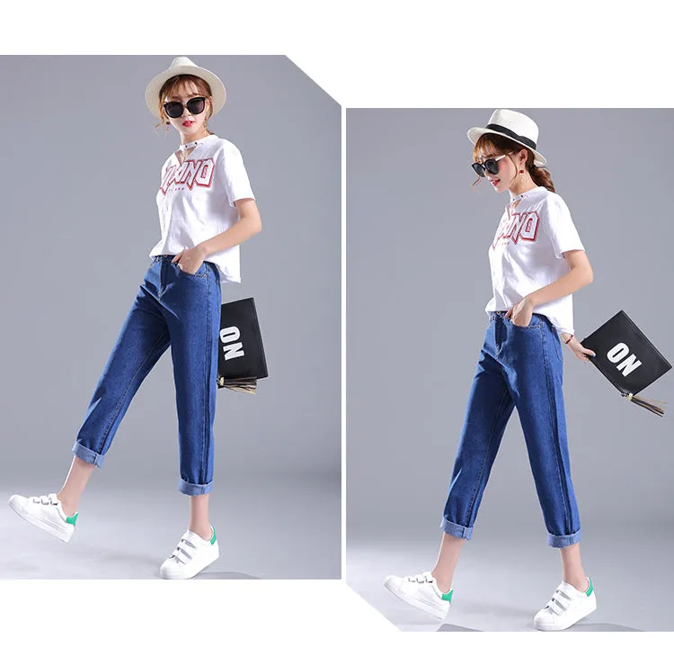 Korean Women Loose High Waist Ankle-Length Pants Plus Size Denim Pants Casual Harem Pants