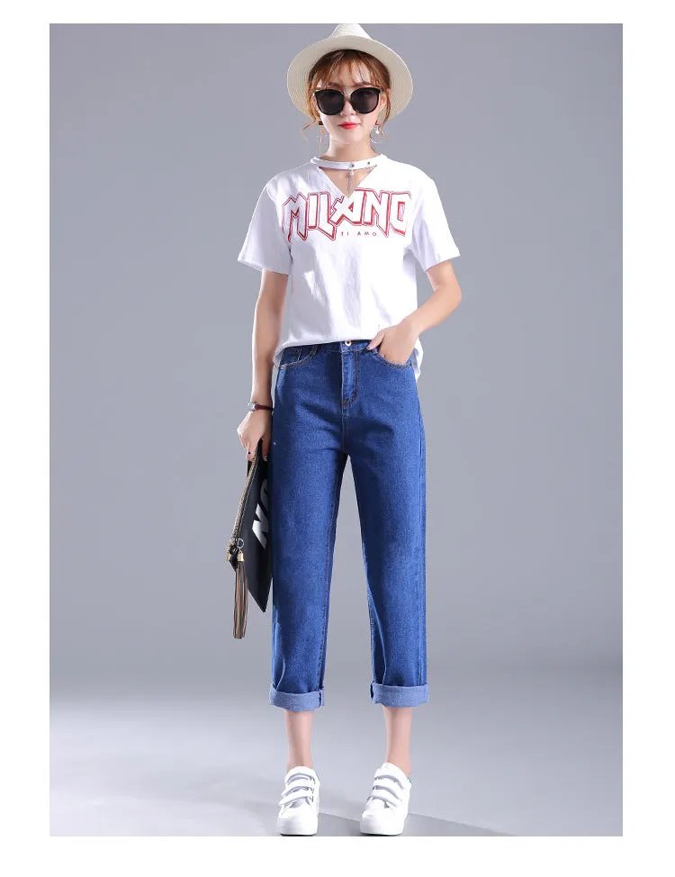 Korean Women Loose High Waist Ankle-Length Pants Plus Size Denim Pants Casual Harem Pants