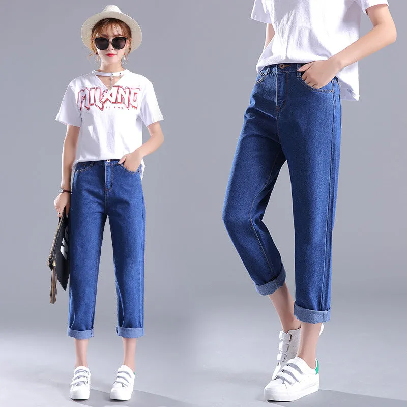 Korean Women Loose High Waist Ankle-Length Pants Plus Size Denim Pants Casual Harem Pants