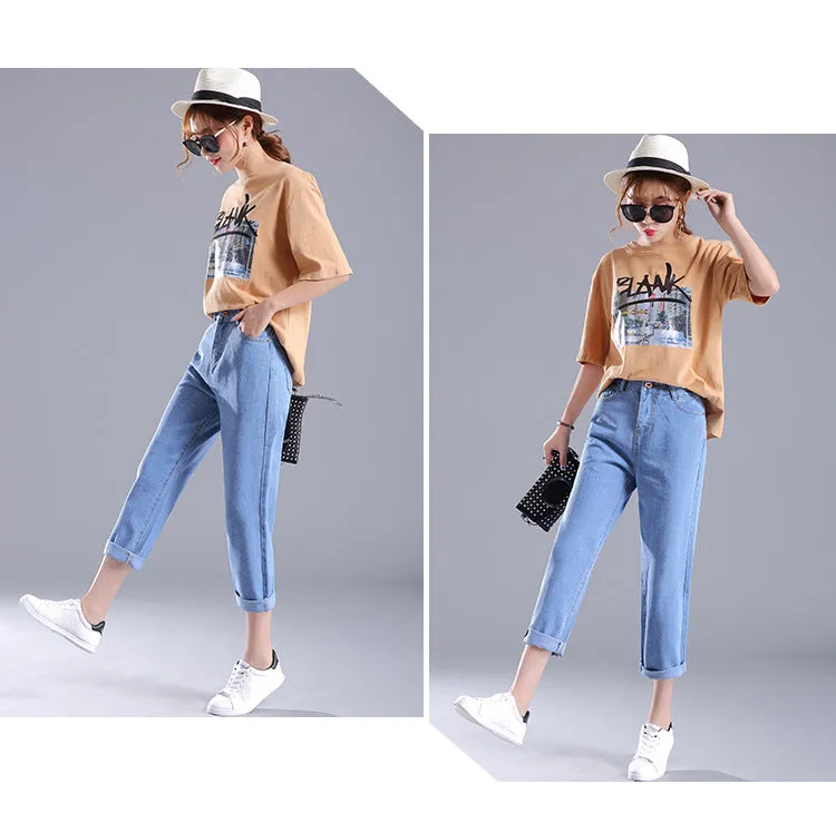 Korean Women Loose High Waist Ankle-Length Pants Plus Size Denim Pants Casual Harem Pants