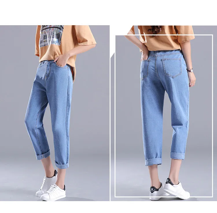 Korean Women Loose High Waist Ankle-Length Pants Plus Size Denim Pants Casual Harem Pants