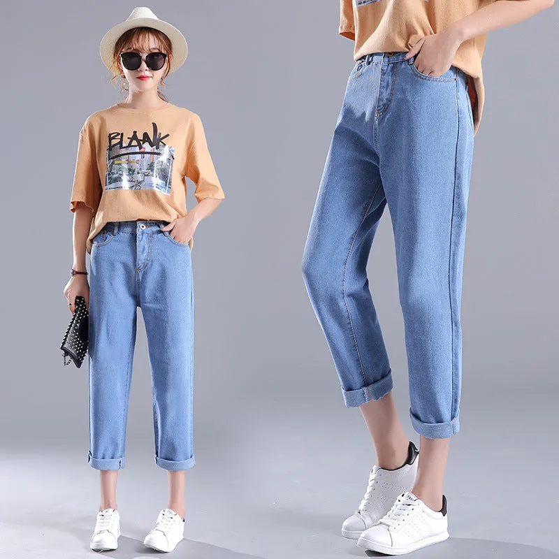 Korean Women Loose High Waist Ankle-Length Pants Plus Size Denim Pants Casual Harem Pants