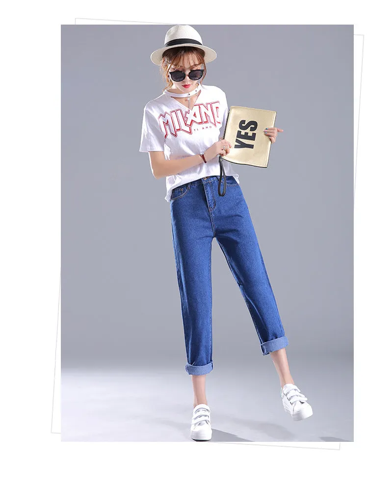 Korean Women Loose High Waist Ankle-Length Pants Plus Size Denim Pants Casual Harem Pants