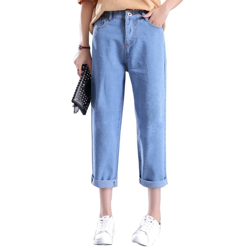 Korean Women Loose High Waist Ankle-Length Pants Plus Size Denim Pants Casual Harem Pants