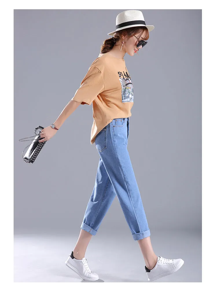 Korean Women Loose High Waist Ankle-Length Pants Plus Size Denim Pants Casual Harem Pants