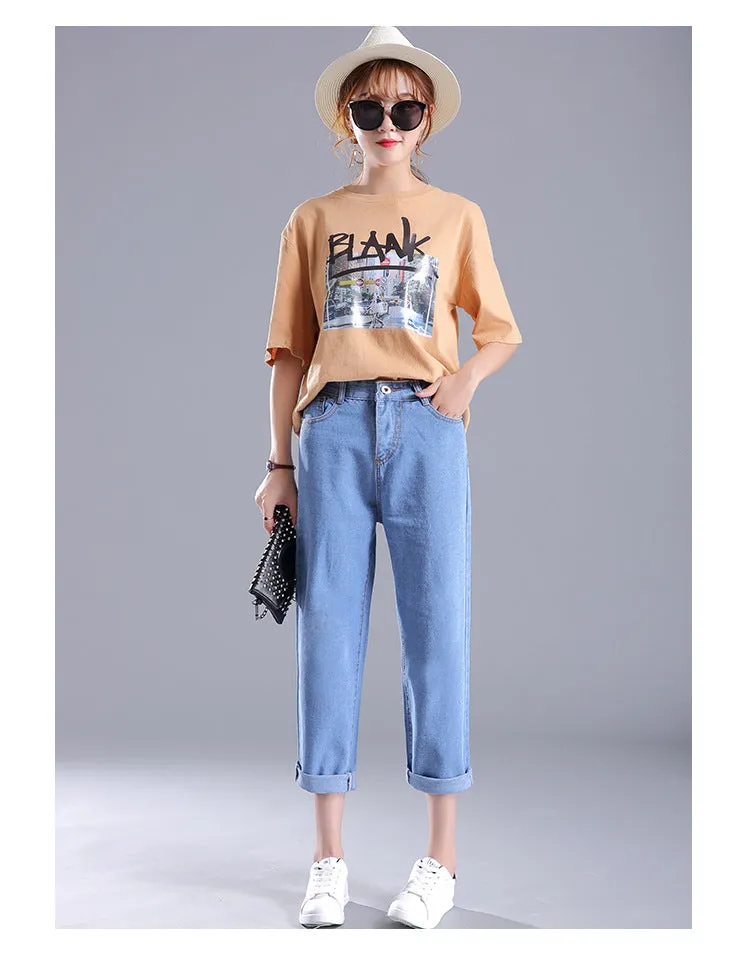 Korean Women Loose High Waist Ankle-Length Pants Plus Size Denim Pants Casual Harem Pants