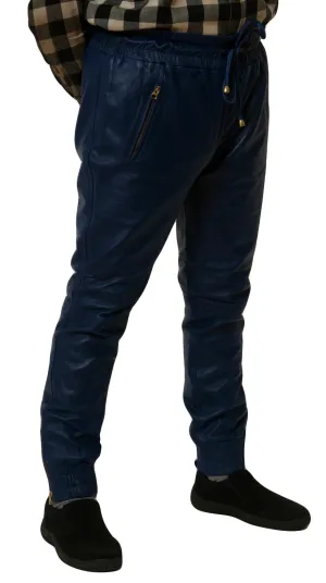 Mens Blue Leather Joggers