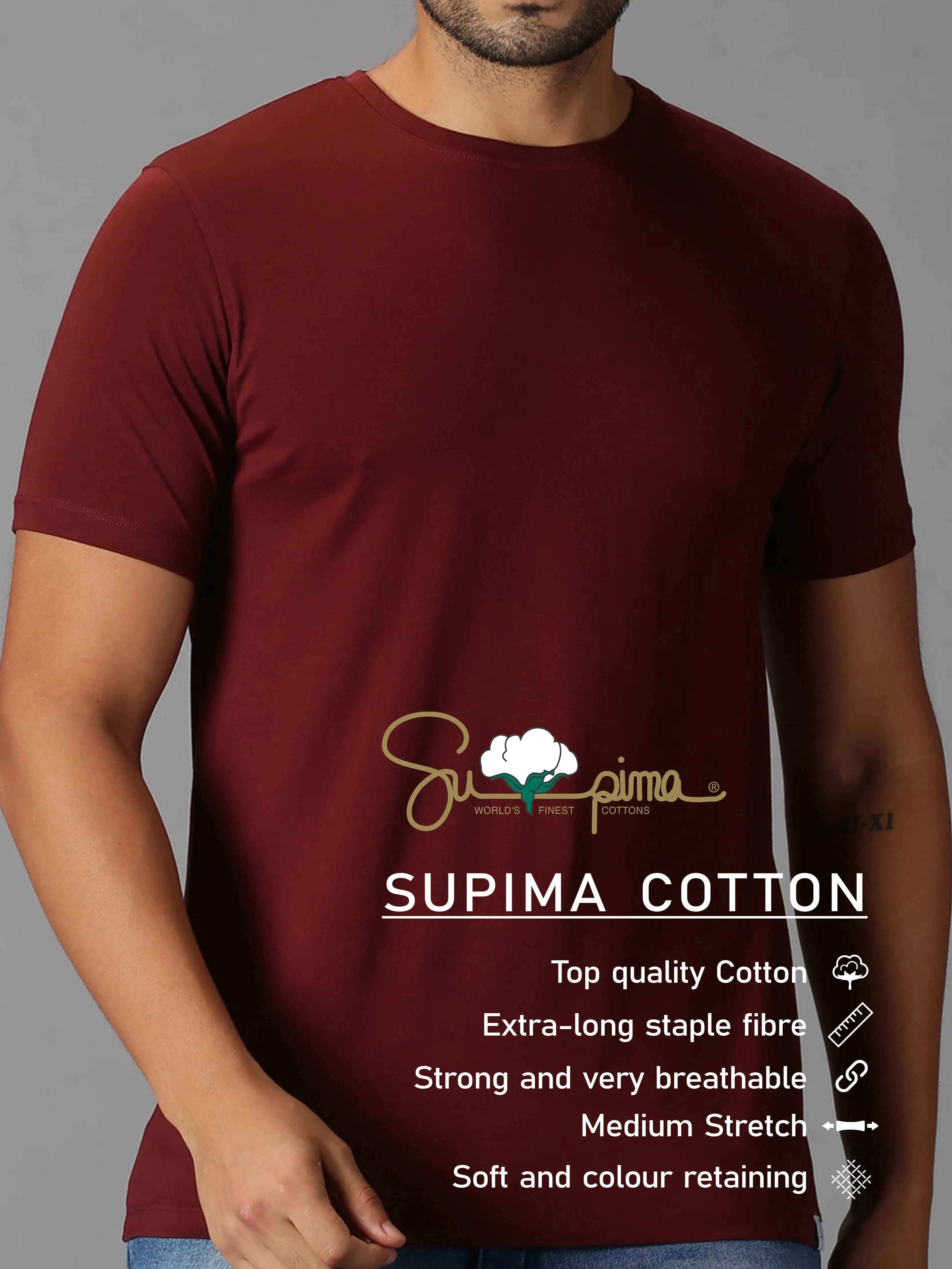 MEN'S SUPIMA COTTON BURGANDY SOLID SLIM FIT T.SHIRT