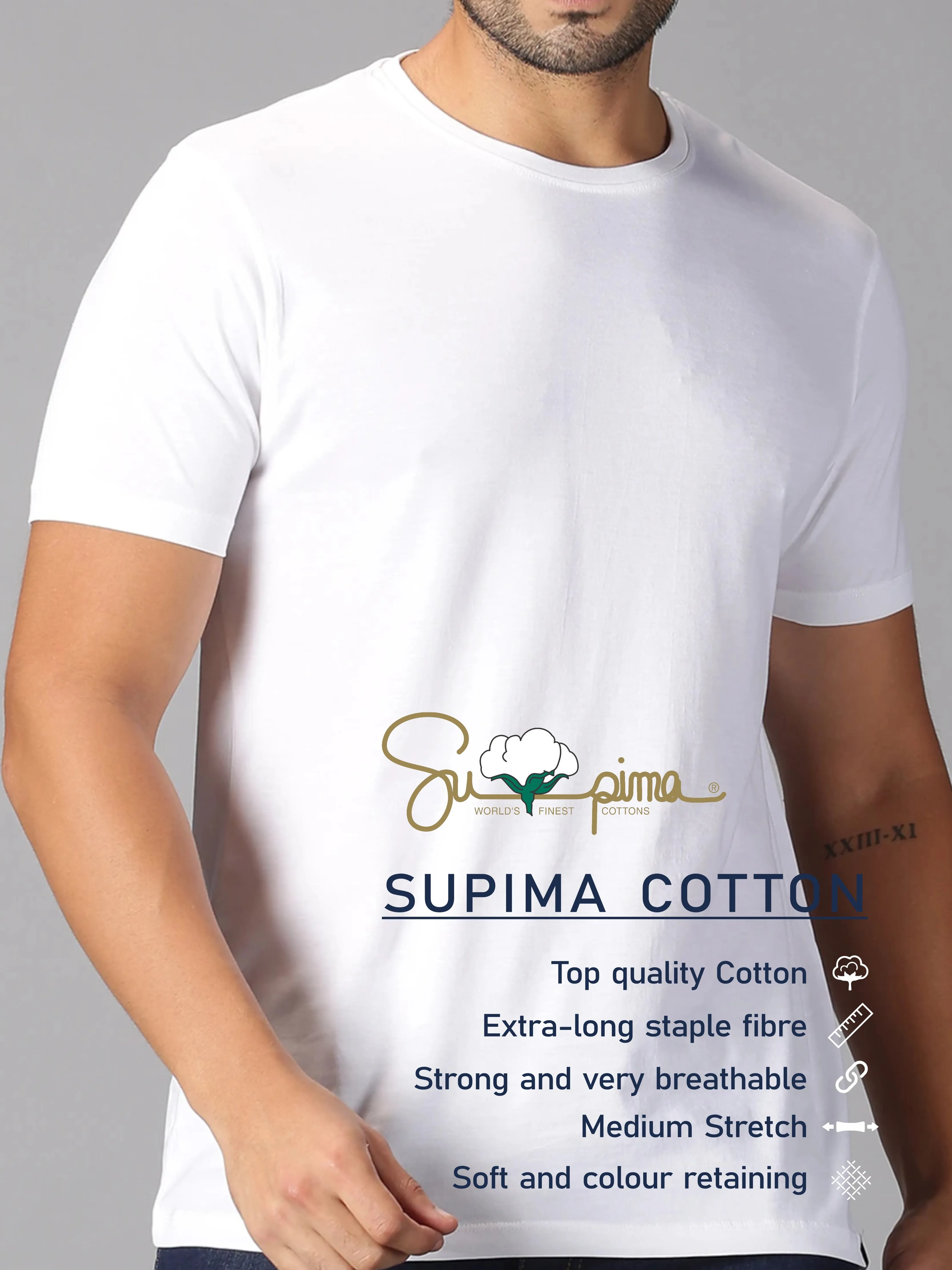 MEN'S SUPIMA COTTON WHITE SOLID SLIM FIT T.SHIRT