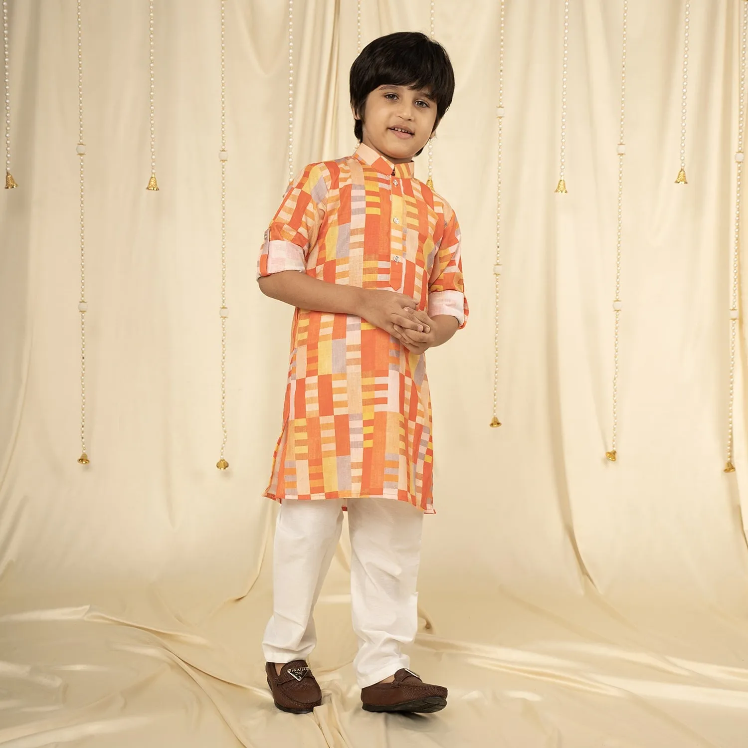 Ministitch full sleeves printed kurta and pyjama set for boys - Orange, Cream, Yellow