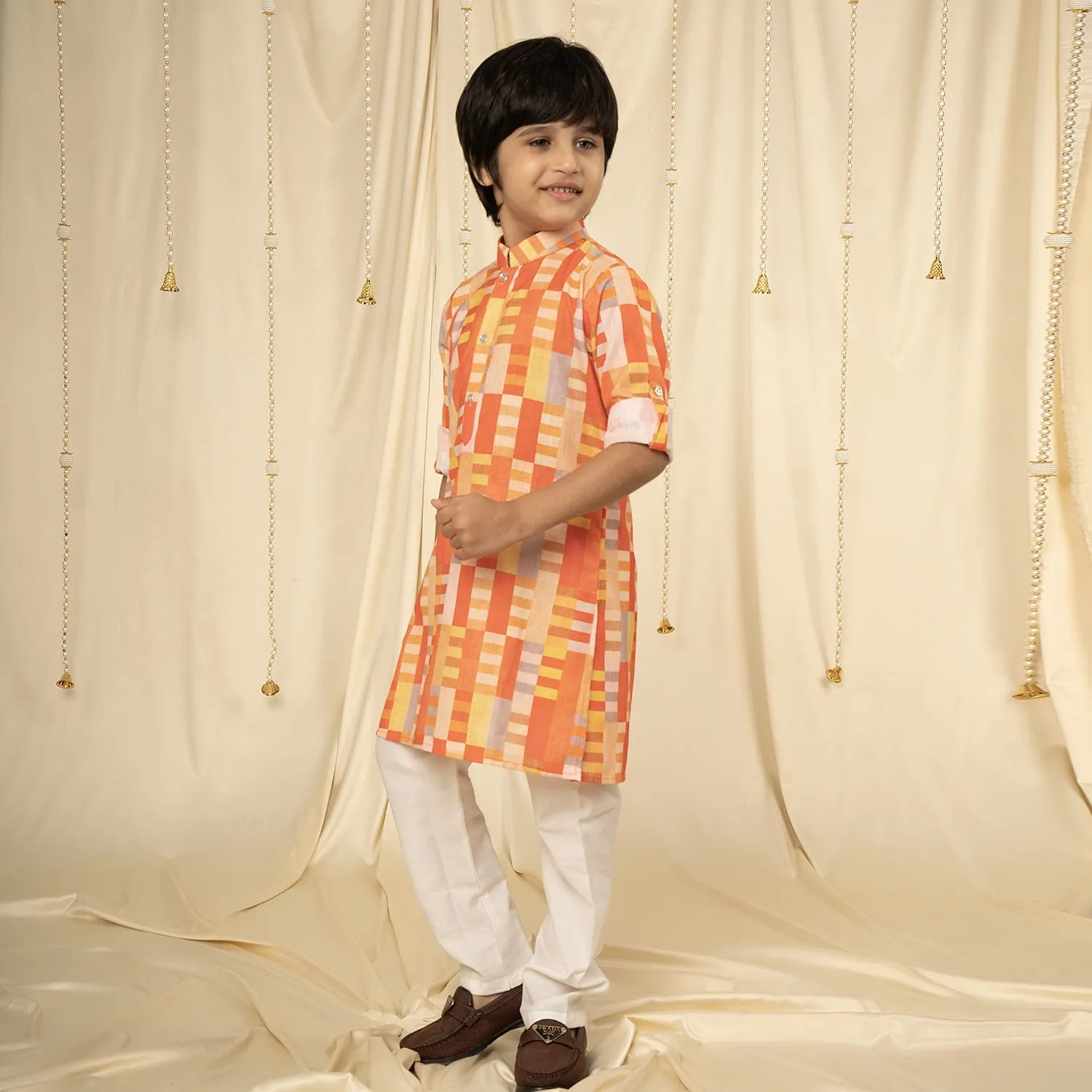 Ministitch full sleeves printed kurta and pyjama set for boys - Orange, Cream, Yellow
