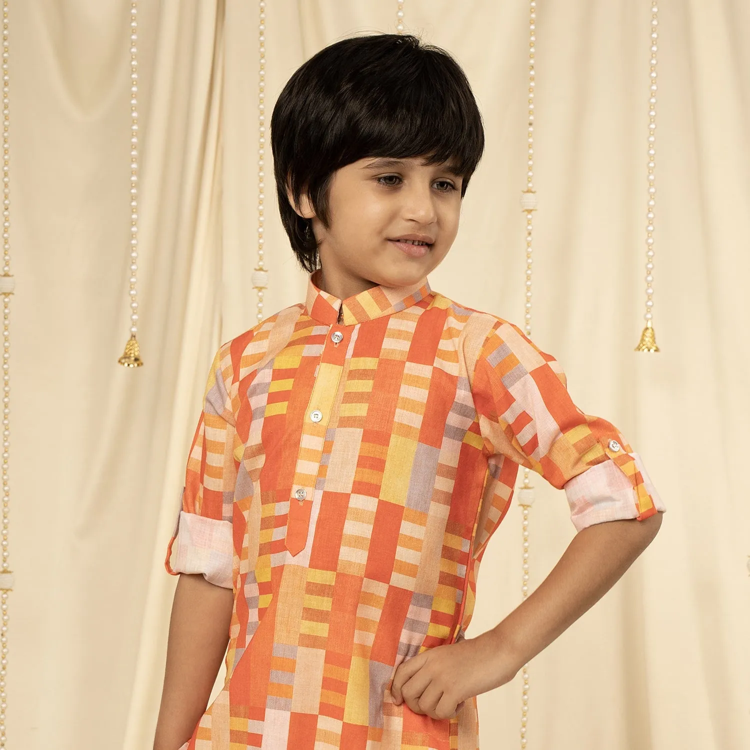 Ministitch full sleeves printed kurta and pyjama set for boys - Orange, Cream, Yellow